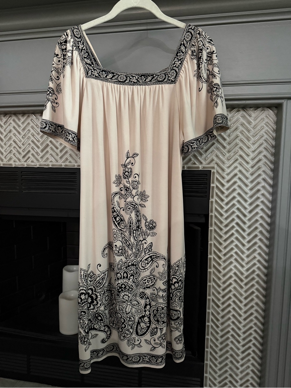 London Style Cream Midi Dress with Black Paisley Print